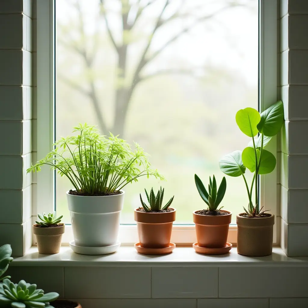 a photo of a vibrant bathroom with potted succulents on the windowsill