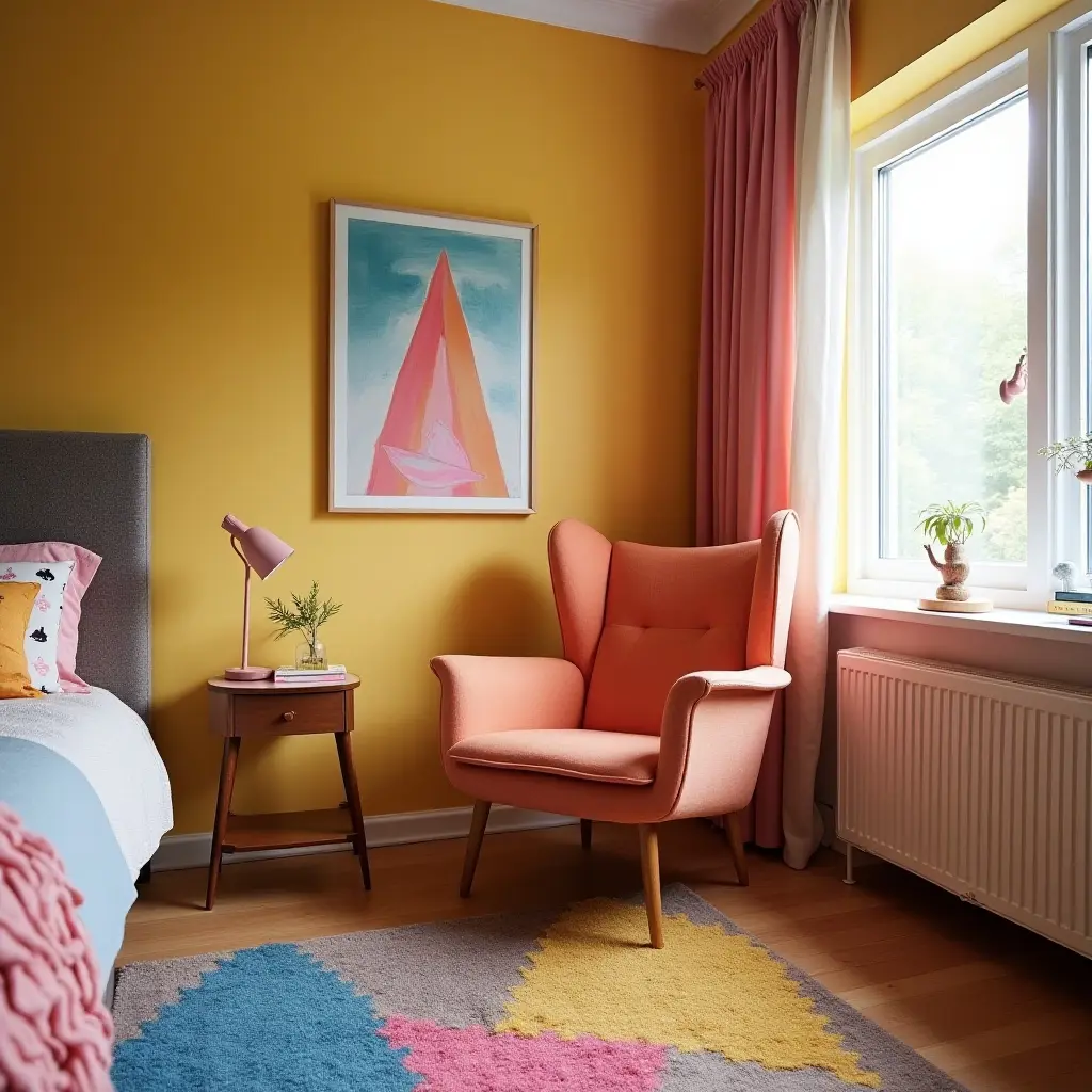 a photo of a mid-century modern chair in a vibrant teen's bedroom