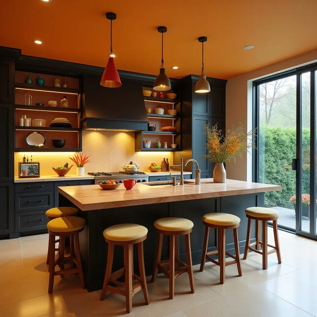 a photo of a vibrant kitchen island with eclectic seating and open storage