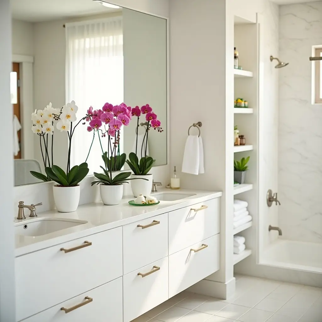 a photo of a bright bathroom with colorful orchids on the vanity