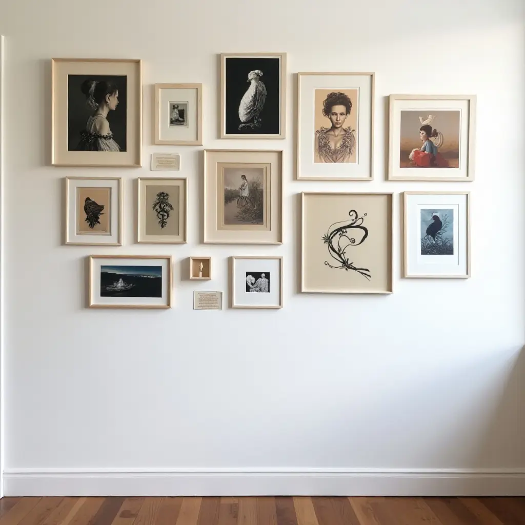 a photo of a gallery wall showcasing local artists' works in a curated arrangement