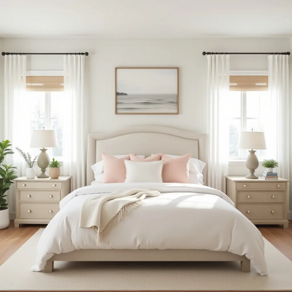 a photo of a bright and airy farmhouse bedroom with pastel accents