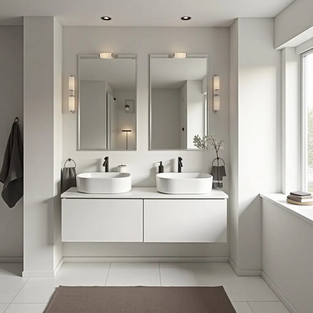 a photo of a functional Scandinavian bathroom with a double sink and ample lighting