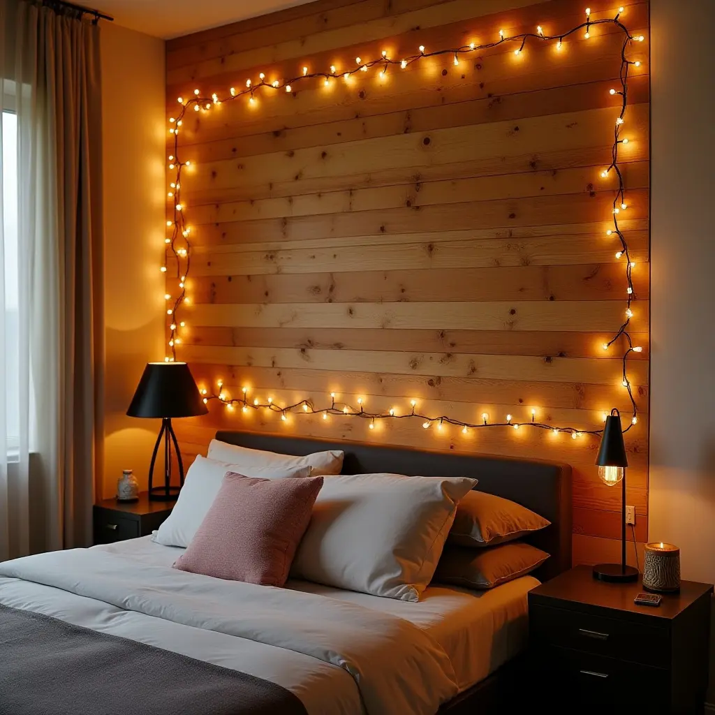 a photo of a wooden accent wall with fairy lights in a teen's room