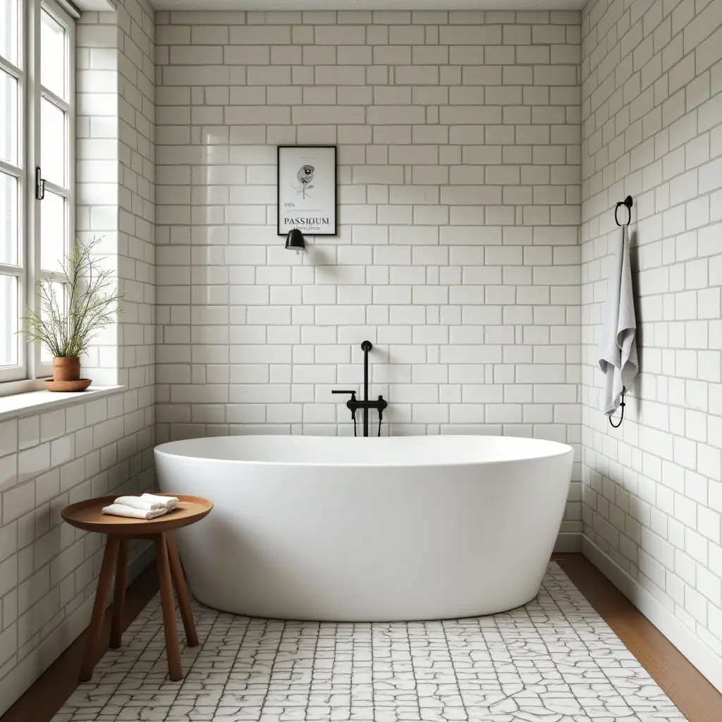 a photo of a vintage-inspired Scandinavian bathroom with retro tiles and modern touches