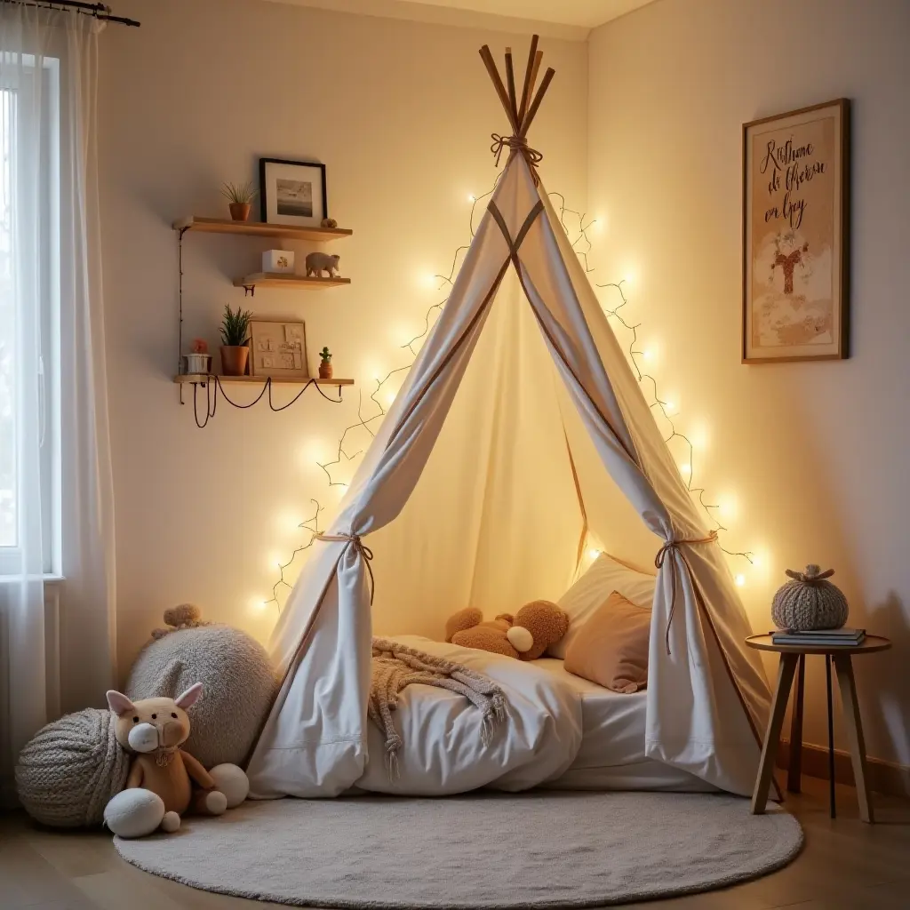 a photo of a cozy minimalist kids' bedroom with a small tent and fairy lights