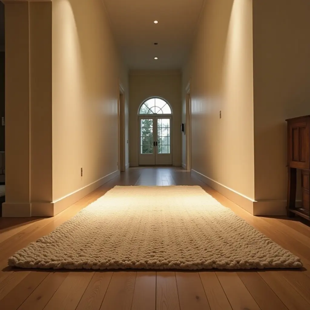 a photo of a cozy, knitted rug in a warm corridor setting