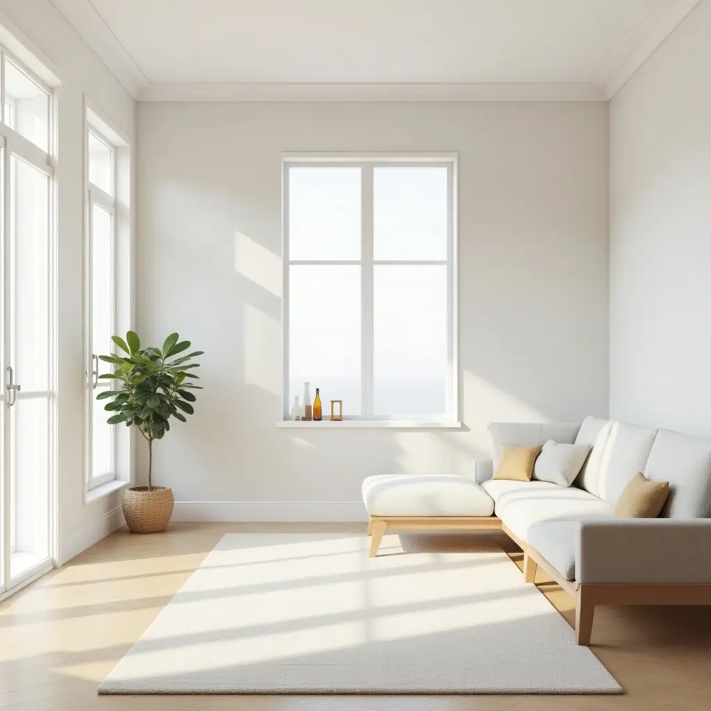 a photo of a minimalist living room with neutral colors and natural light