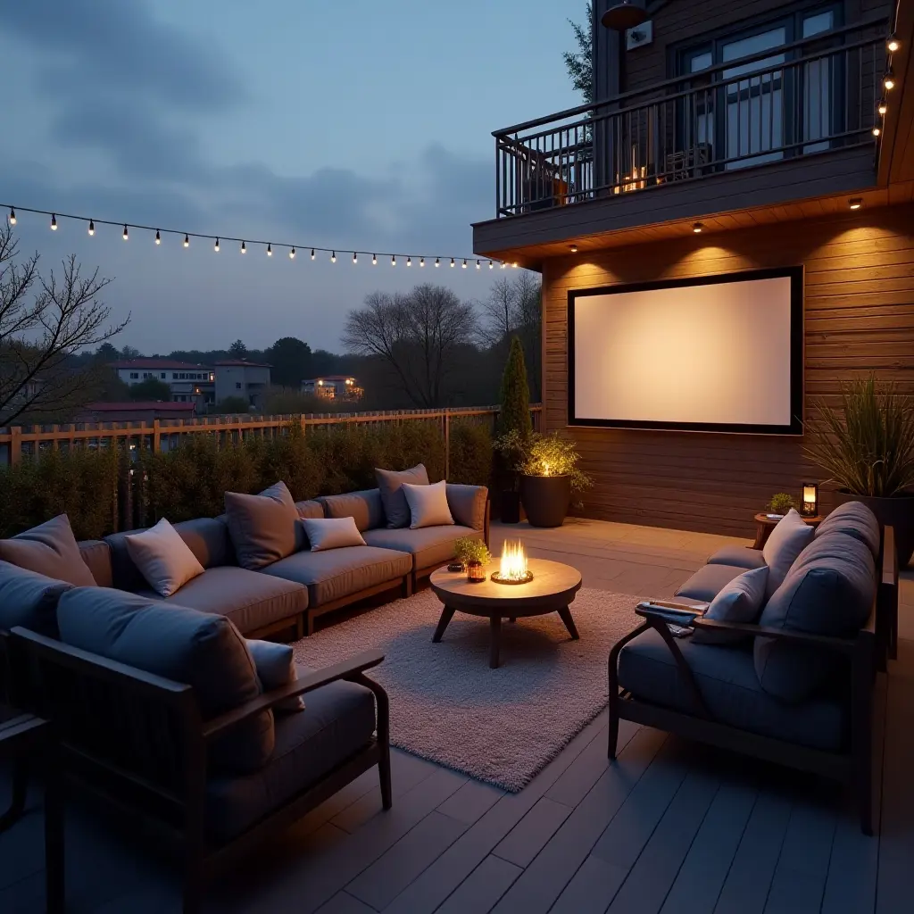 a photo of a balcony with a mini outdoor cinema setup