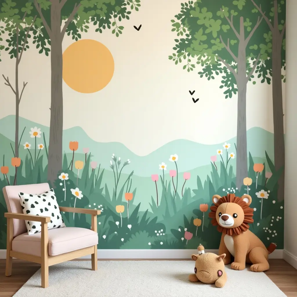 a photo of a kids' room with a nature-inspired mural
