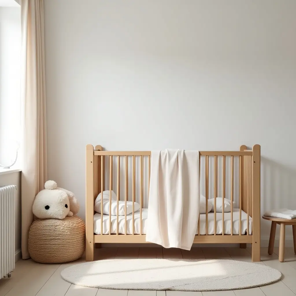 a photo of a serene kids' bedroom with a wooden crib and soft bedding