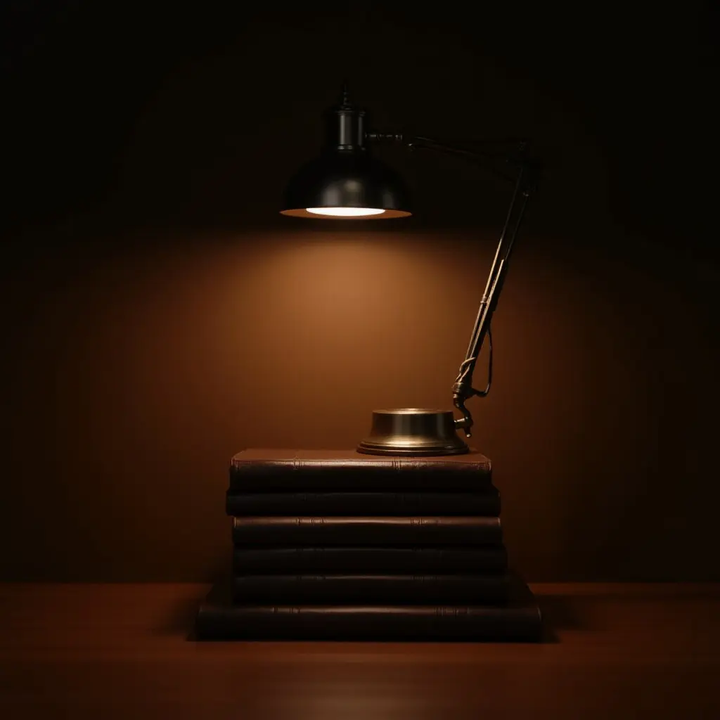 a photo of a classic reading lamp illuminating a stack of leather-bound books