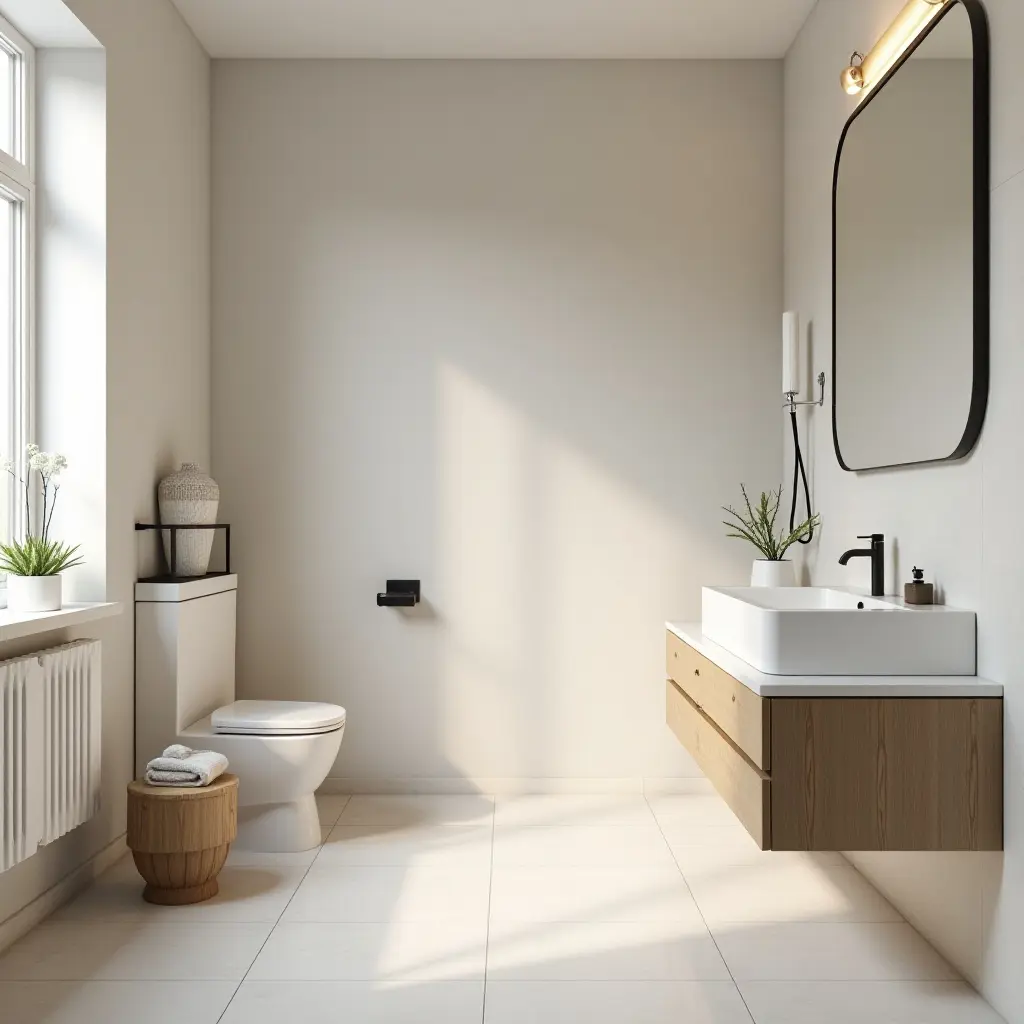 a photo of a serene Scandinavian bathroom with a soothing color scheme and textures