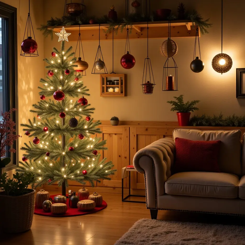 a photo of a basement holiday decoration corner with DIY ornaments