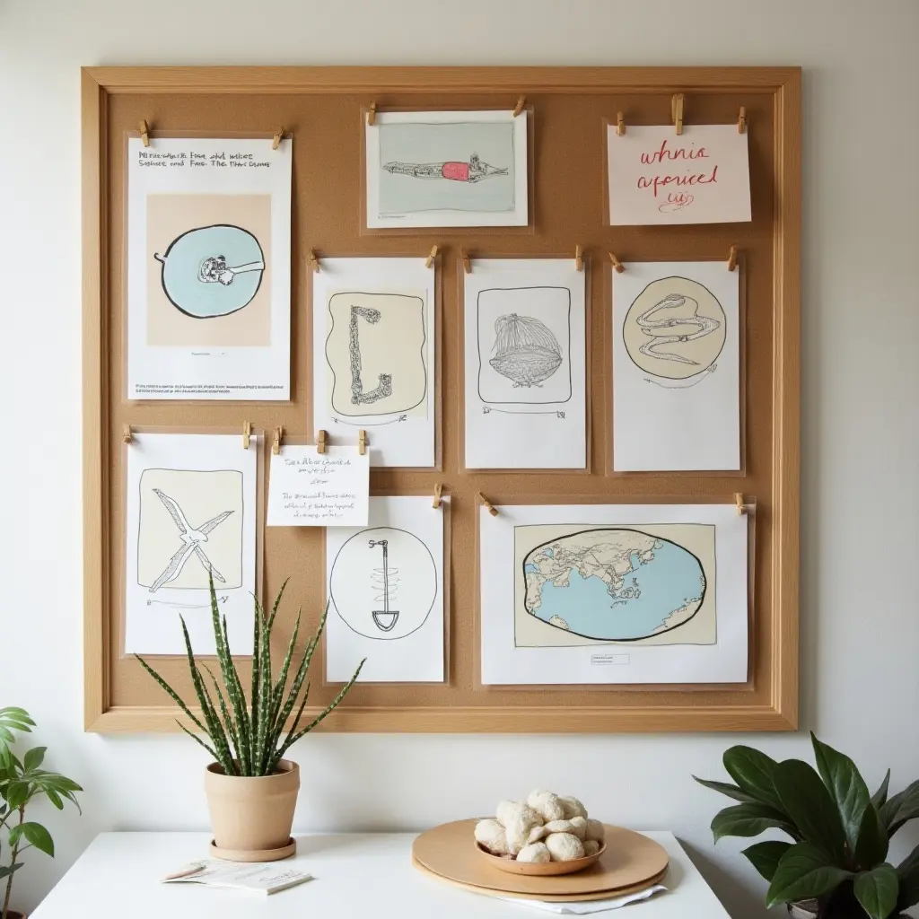 a photo of a stylish bulletin board for displaying art and notes