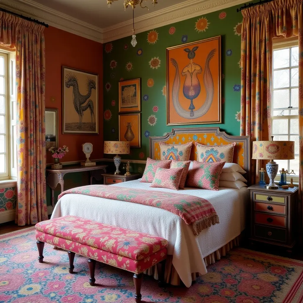 a photo of a vibrant bedroom with a mix of patterns and textures
