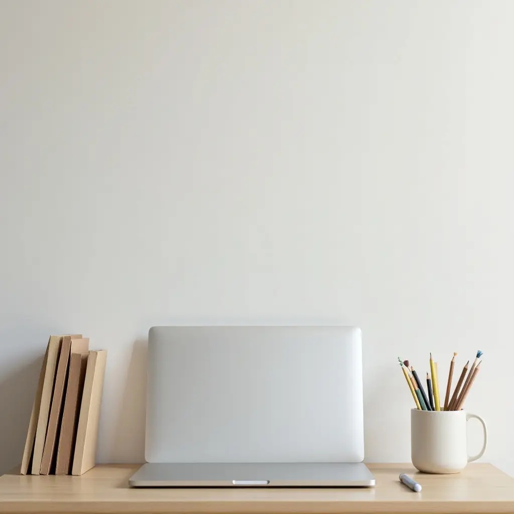 a photo of a minimalist study area with a laptop and stationery