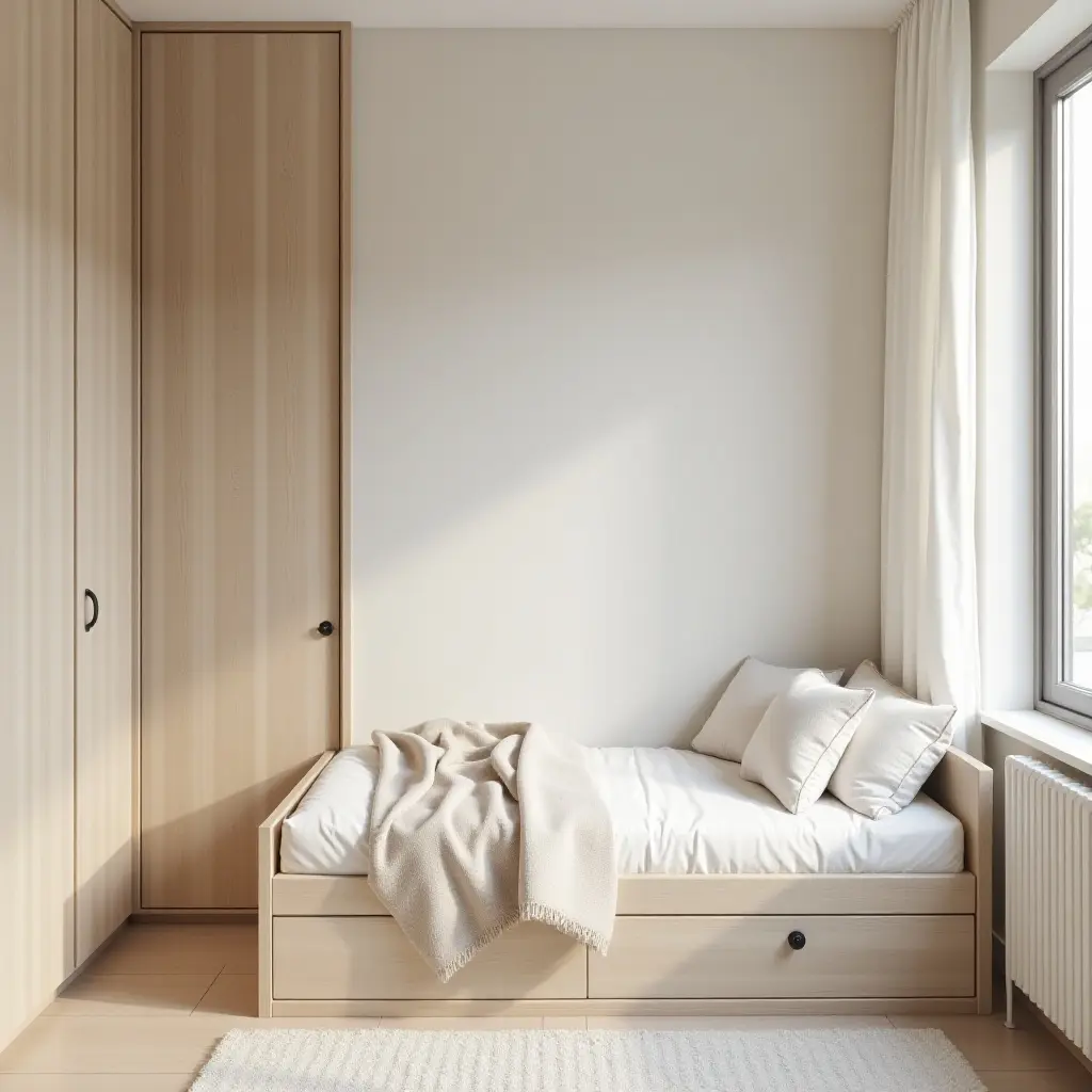 a photo of a minimalist kids' bedroom with soft fabric, light wood accents, and subtle metal details
