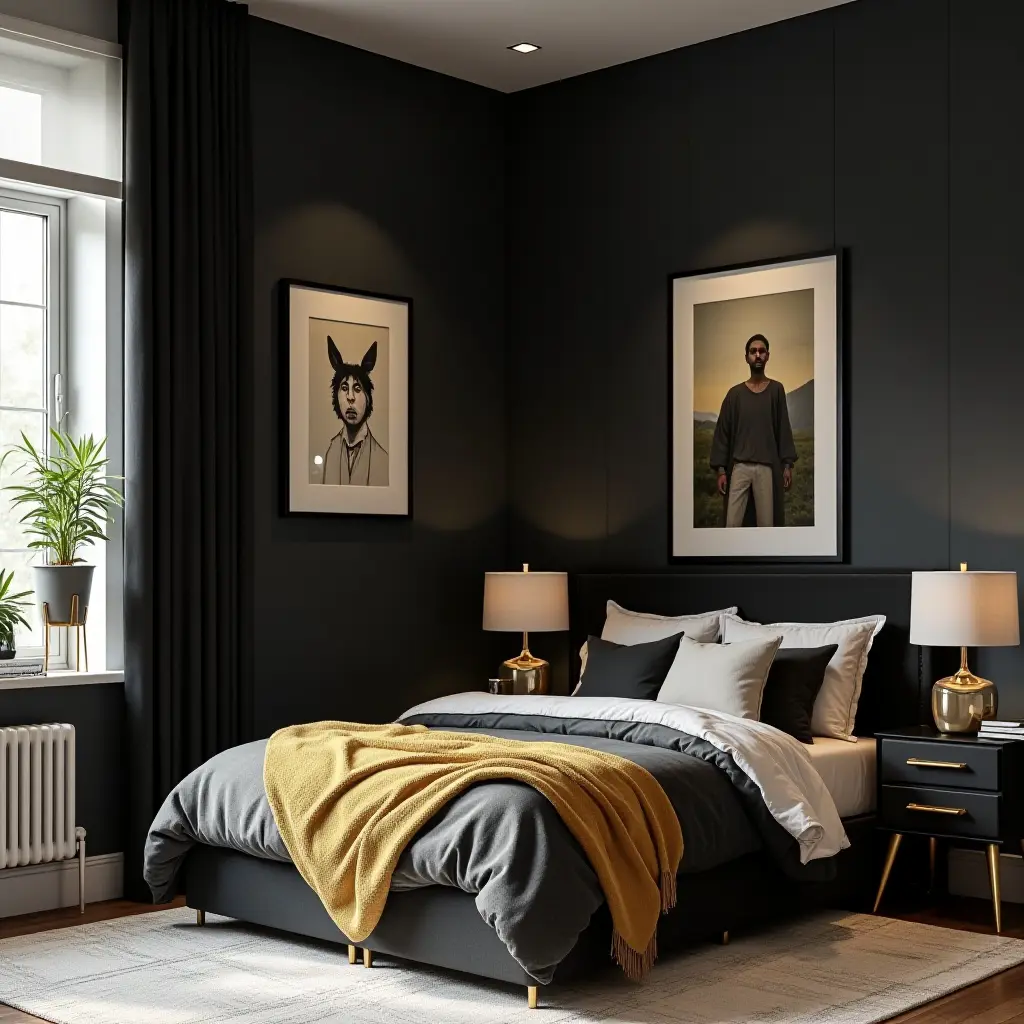 a photo of a trendy black and gold color scheme for a teen's room