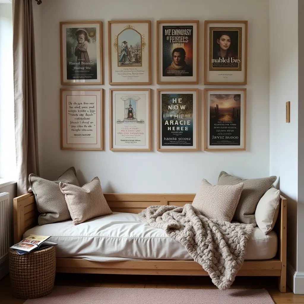 a photo of a cozy reading nook with a gallery wall of book covers and literary quotes in a teen's space