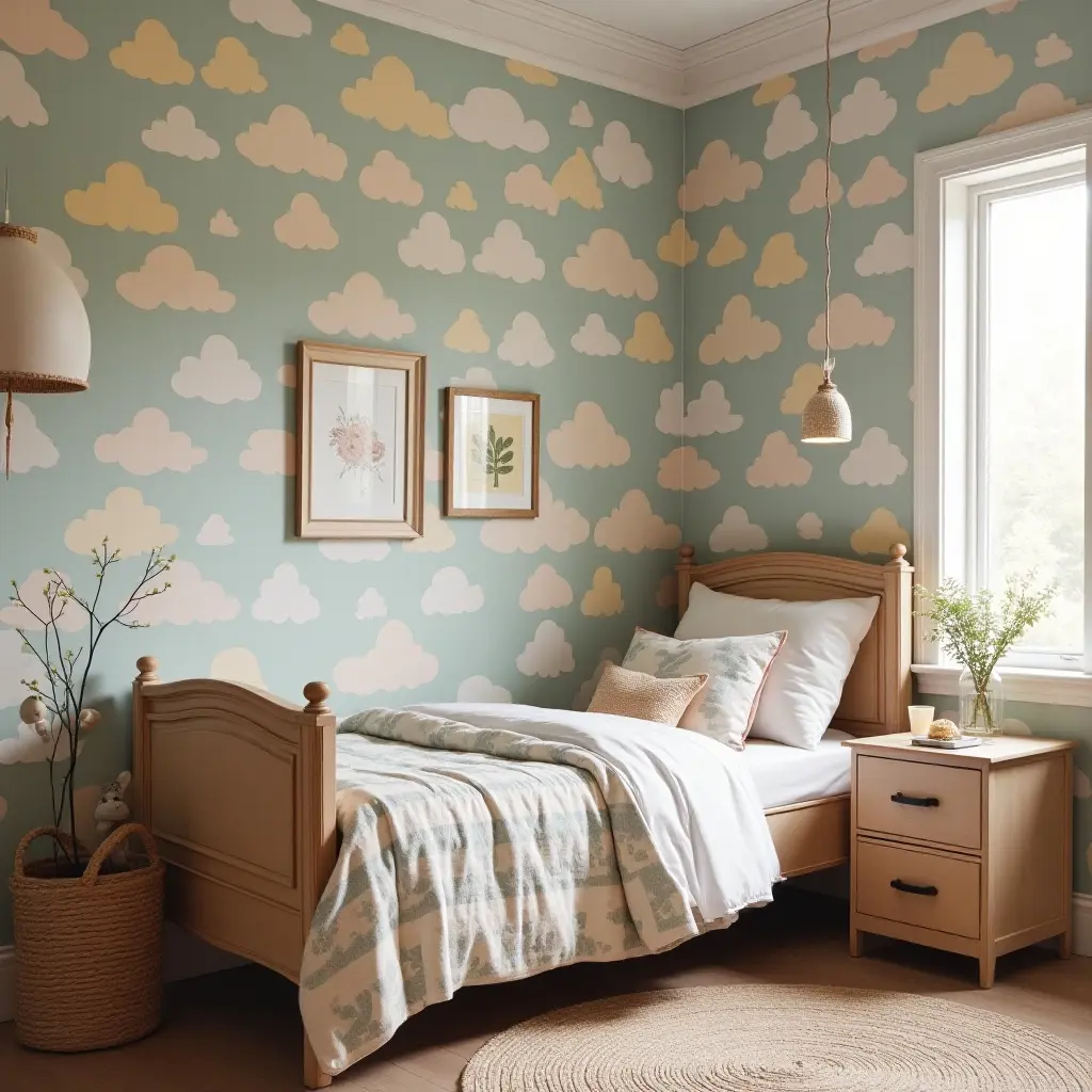 a photo of a cozy kids' bedroom showcasing vintage furniture against modern wallpaper