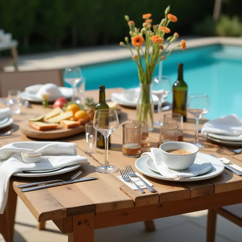 a photo of a rustic wooden table set for a poolside brunch