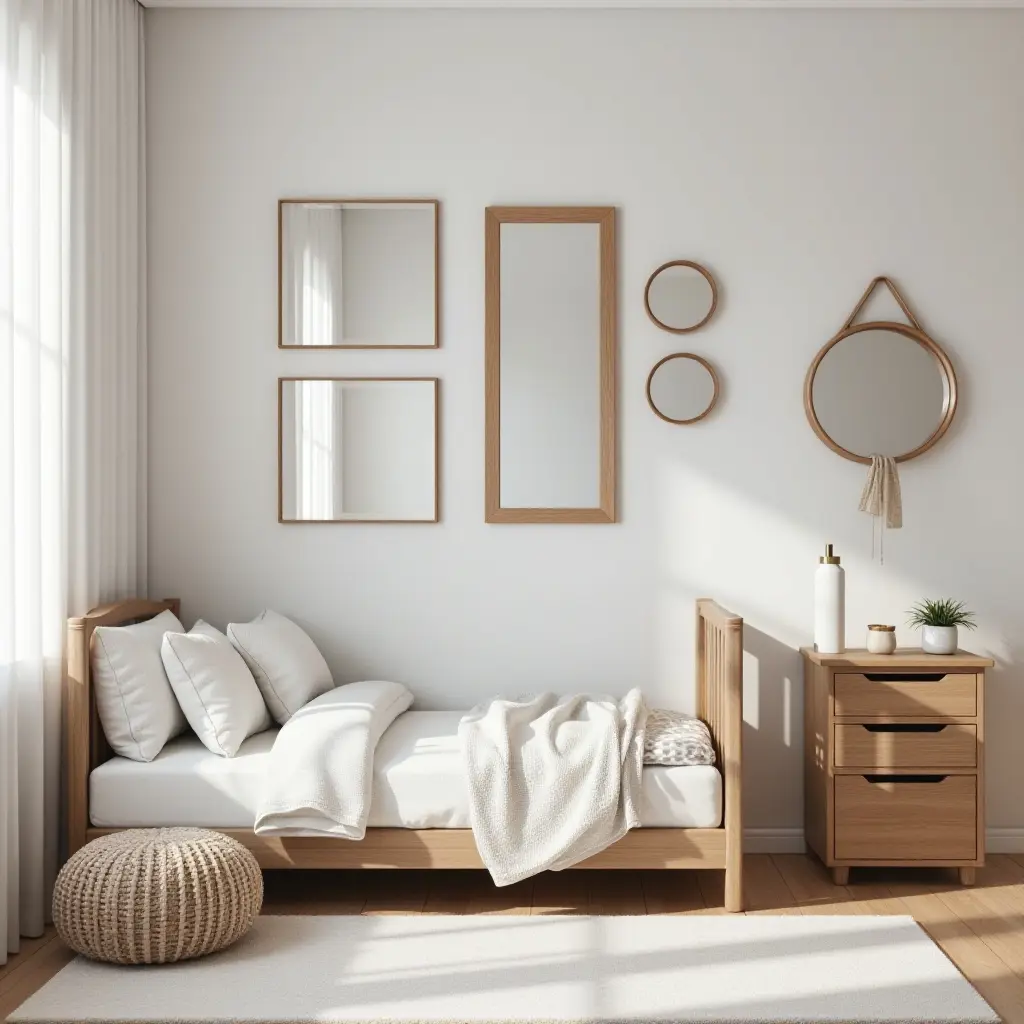 a photo of a modern kids' room with metallic frames and mirrors