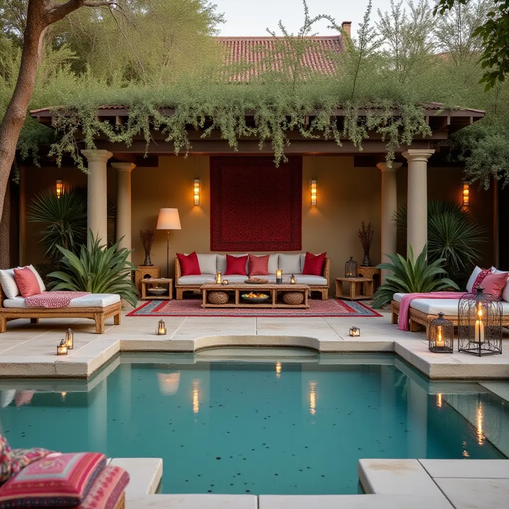 a photo of a bohemian-style pool lounge with patterned textiles and lanterns