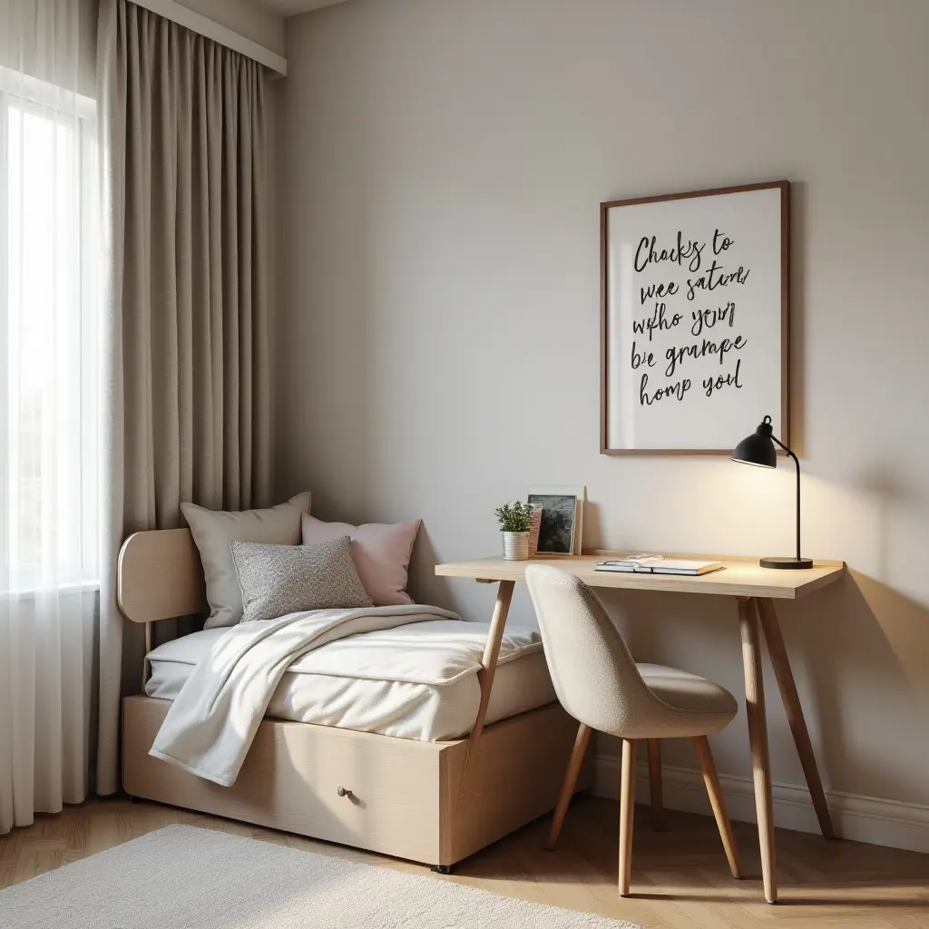 a photo of a shared bedroom with a creative study corner and inspirational wall art