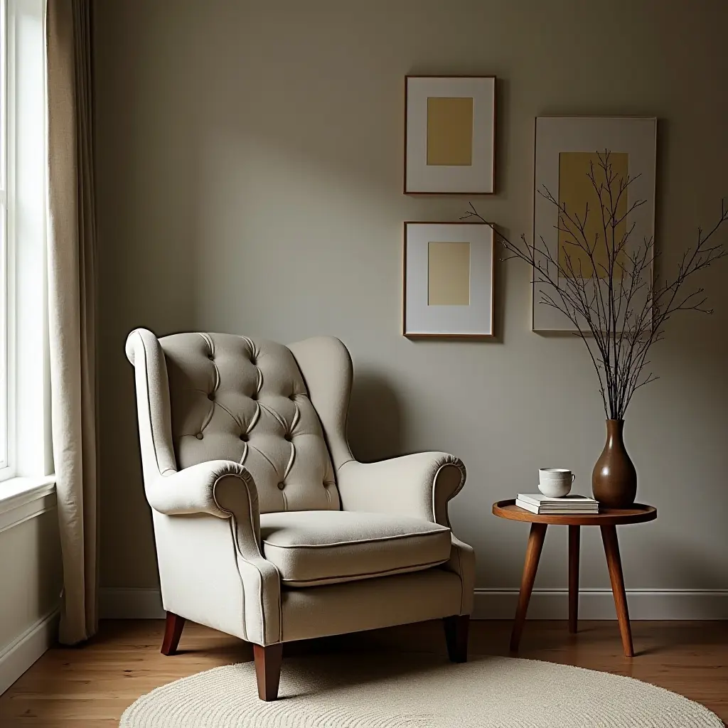 a photo of a reading nook with a comfy chair and a side table