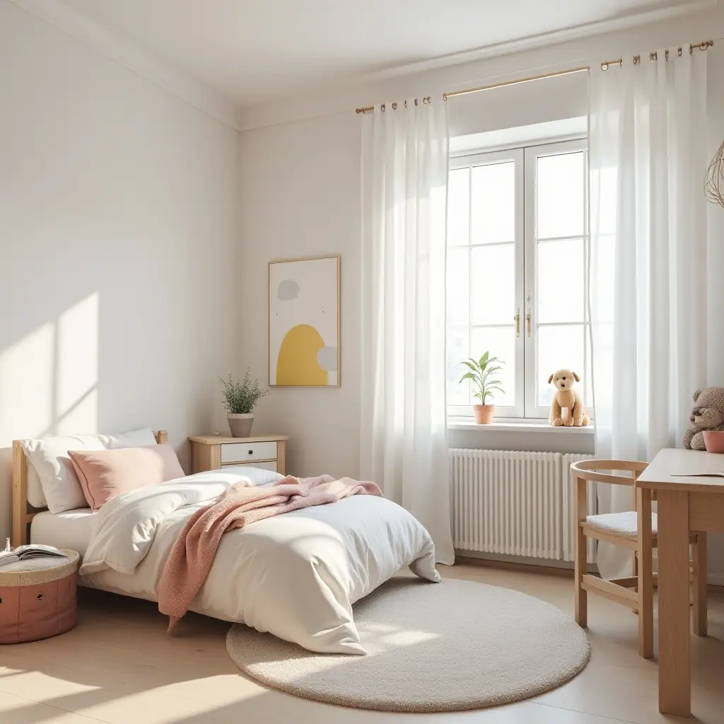 a photo of a Scandinavian kids' bedroom with soft pastel colors and natural light