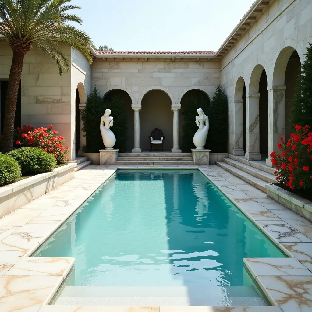 a photo of a sophisticated pool area with marble accents, elegant sculptures, and vibrant flowers