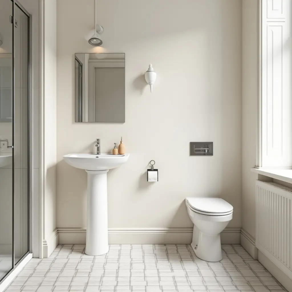 a photo of a family-friendly Scandinavian bathroom with durable materials and soft colors