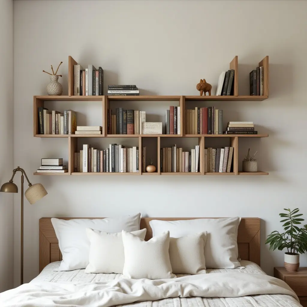 a photo of a wooden wall-mounted shelf with books in a teen's bedroom