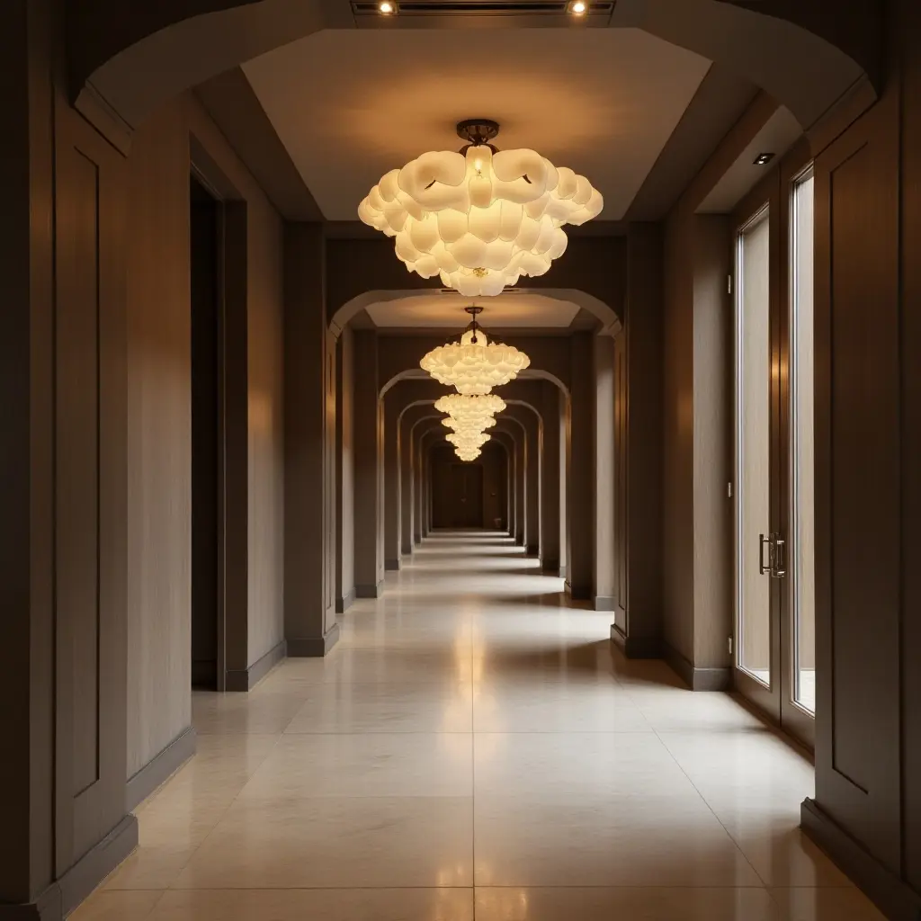 a photo of a spacious corridor featuring oversized pendant lights