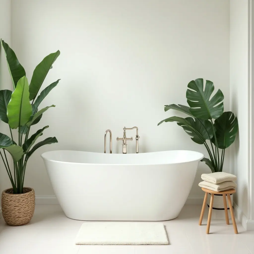a photo of a bright bathroom with a large leafy plant by the tub