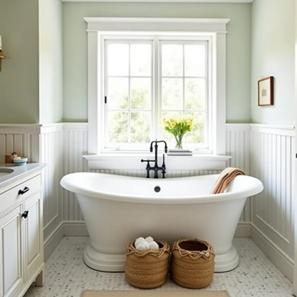 a photo of a charming bathroom with farmhouse sink and woven baskets