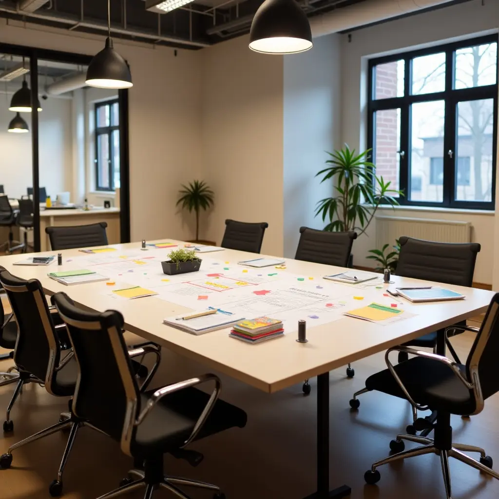 a photo of a collaborative workspace with a large table and brainstorming tools