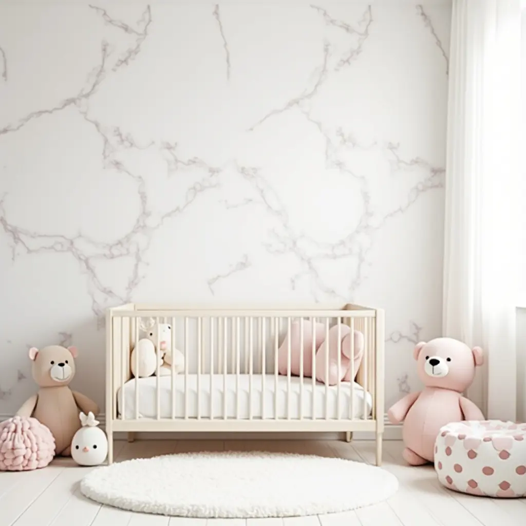 a photo of a marble-patterned nursery with soft pastel accents and plush toys