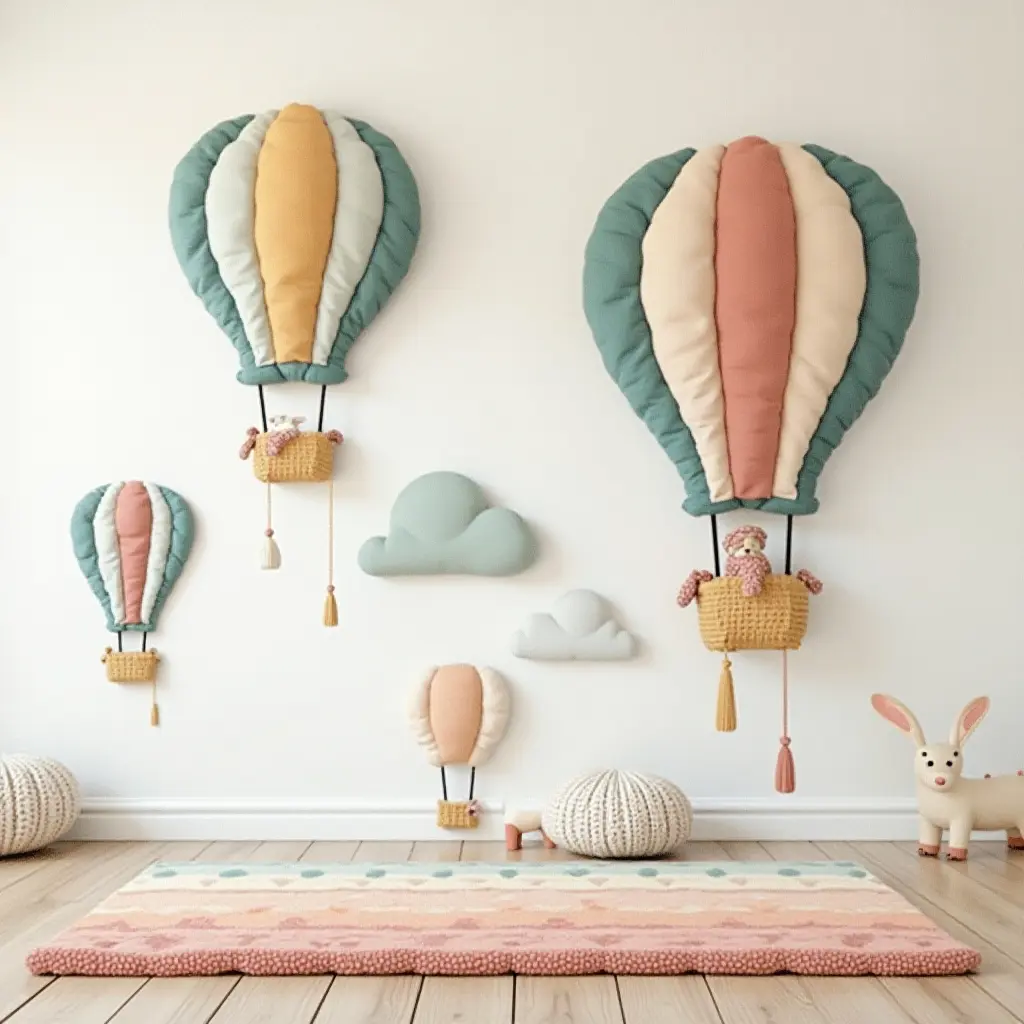 a photo of a whimsical hot air balloon rug in pastel colors for a nursery