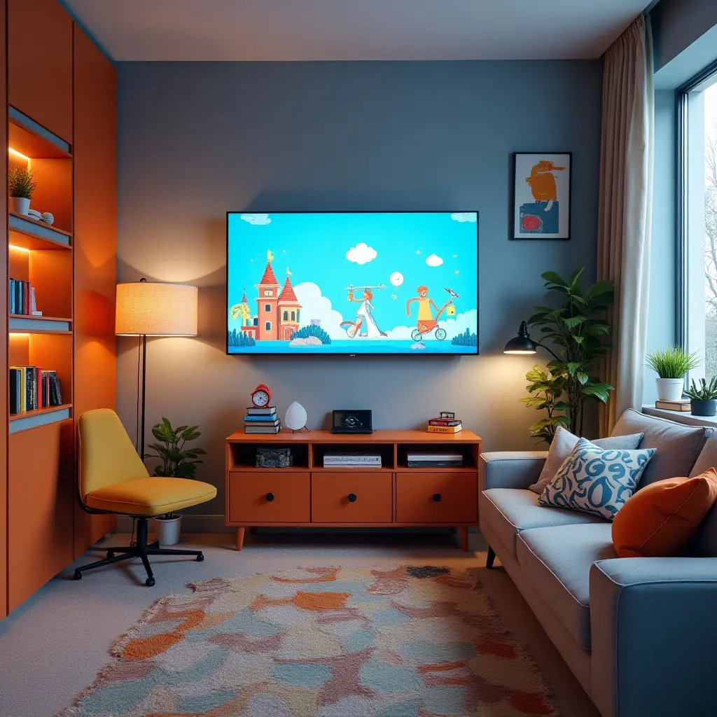 a photo of a tech-savvy kids' room with interactive decor and gadgets