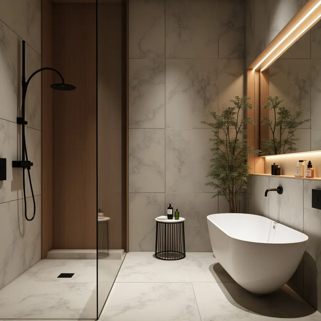 a photo of a stylish bathroom showcasing a blend of tile, wood, and metal textures