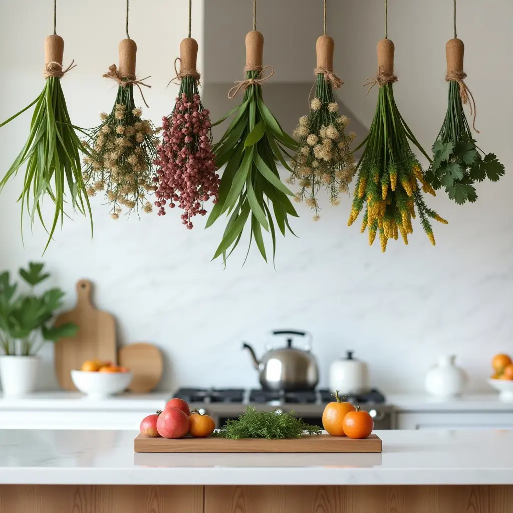 a photo of hanging dried flowers and herbs above a kitchen island
