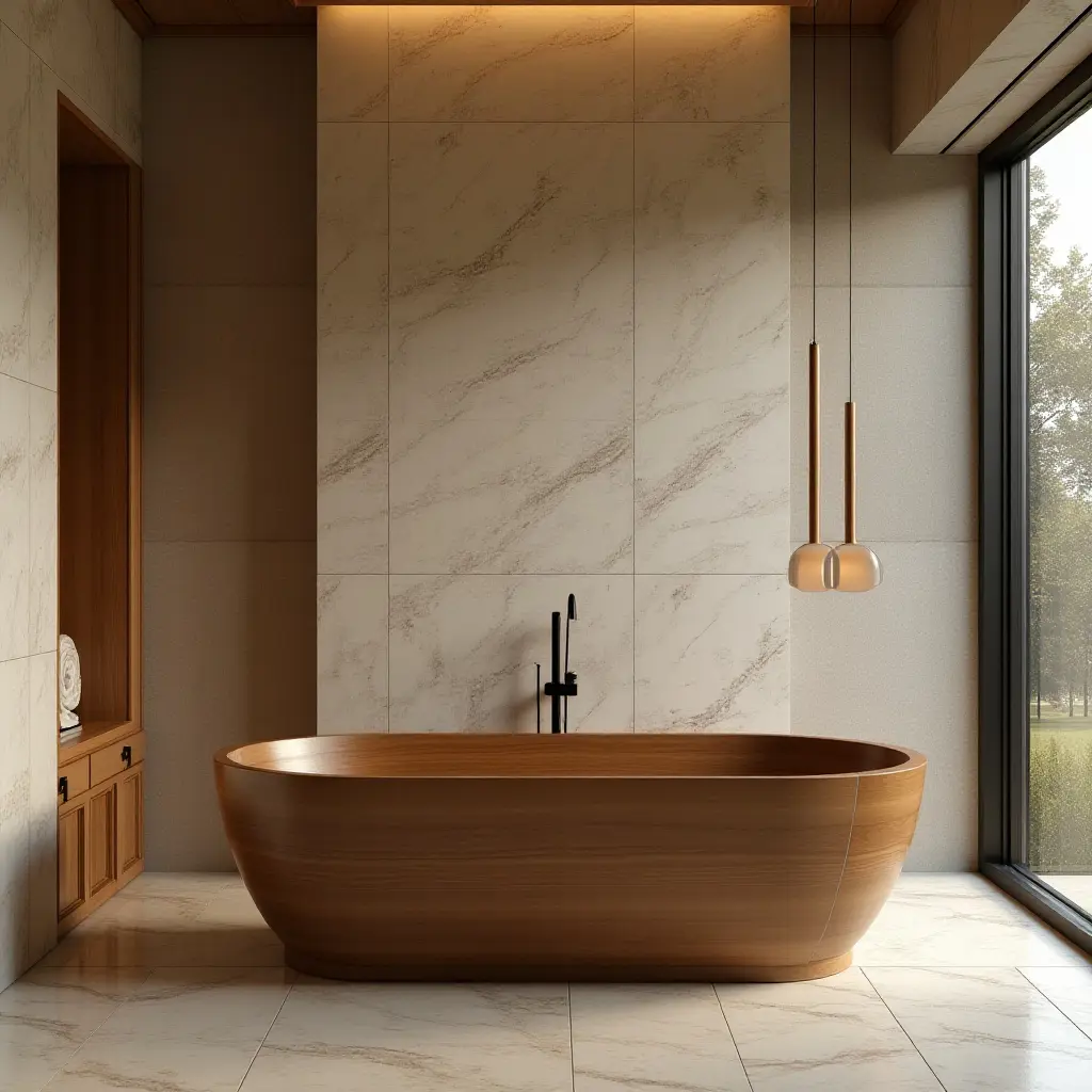 a photo of a wooden bathtub surrounded by natural stone tiles