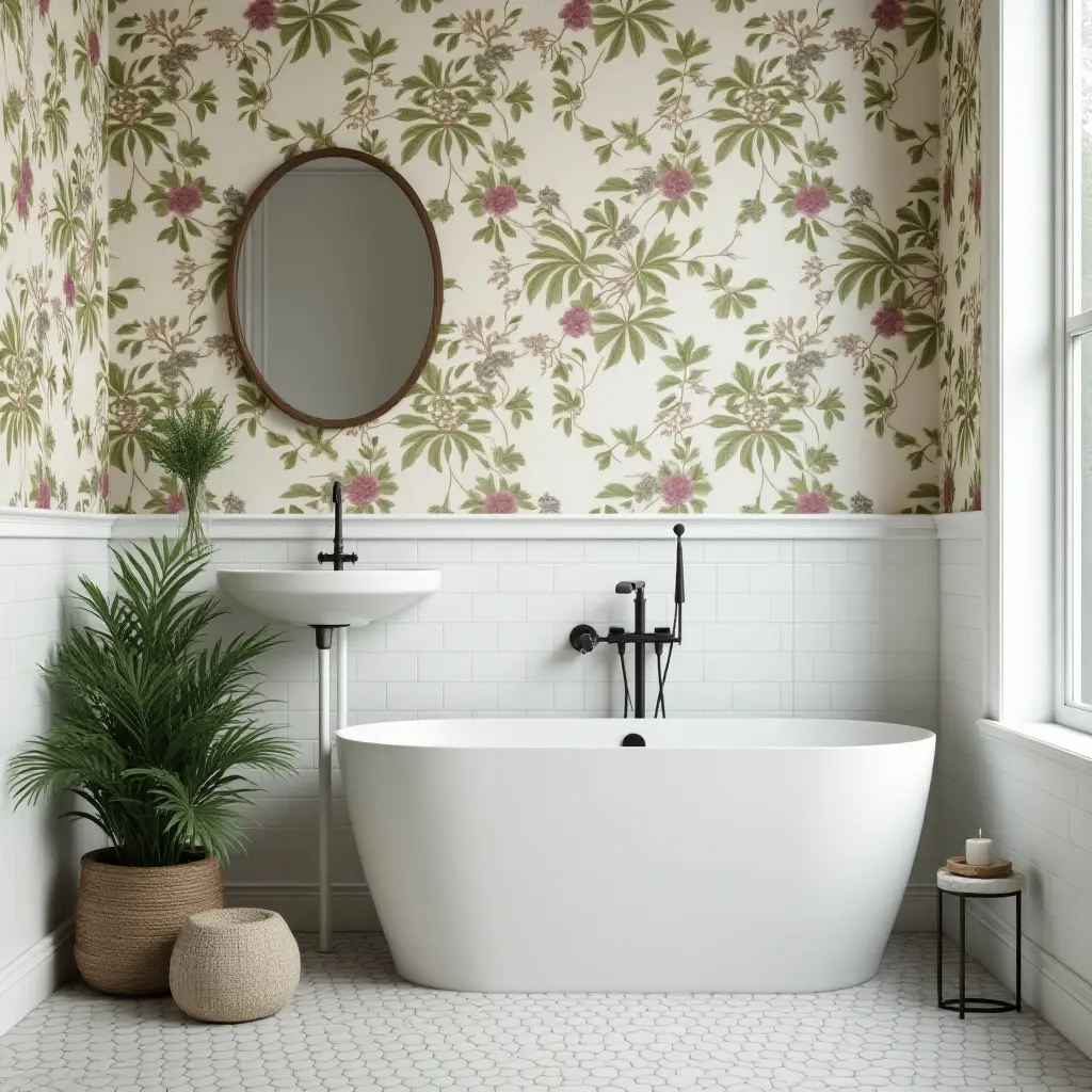 a photo of a bathroom with a botanical print wallpaper and plants