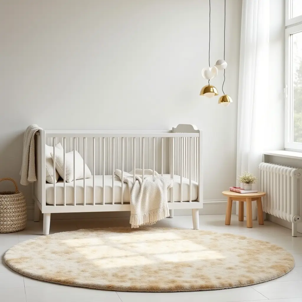 a photo of a nursery with a metallic gold accent rug on the floor