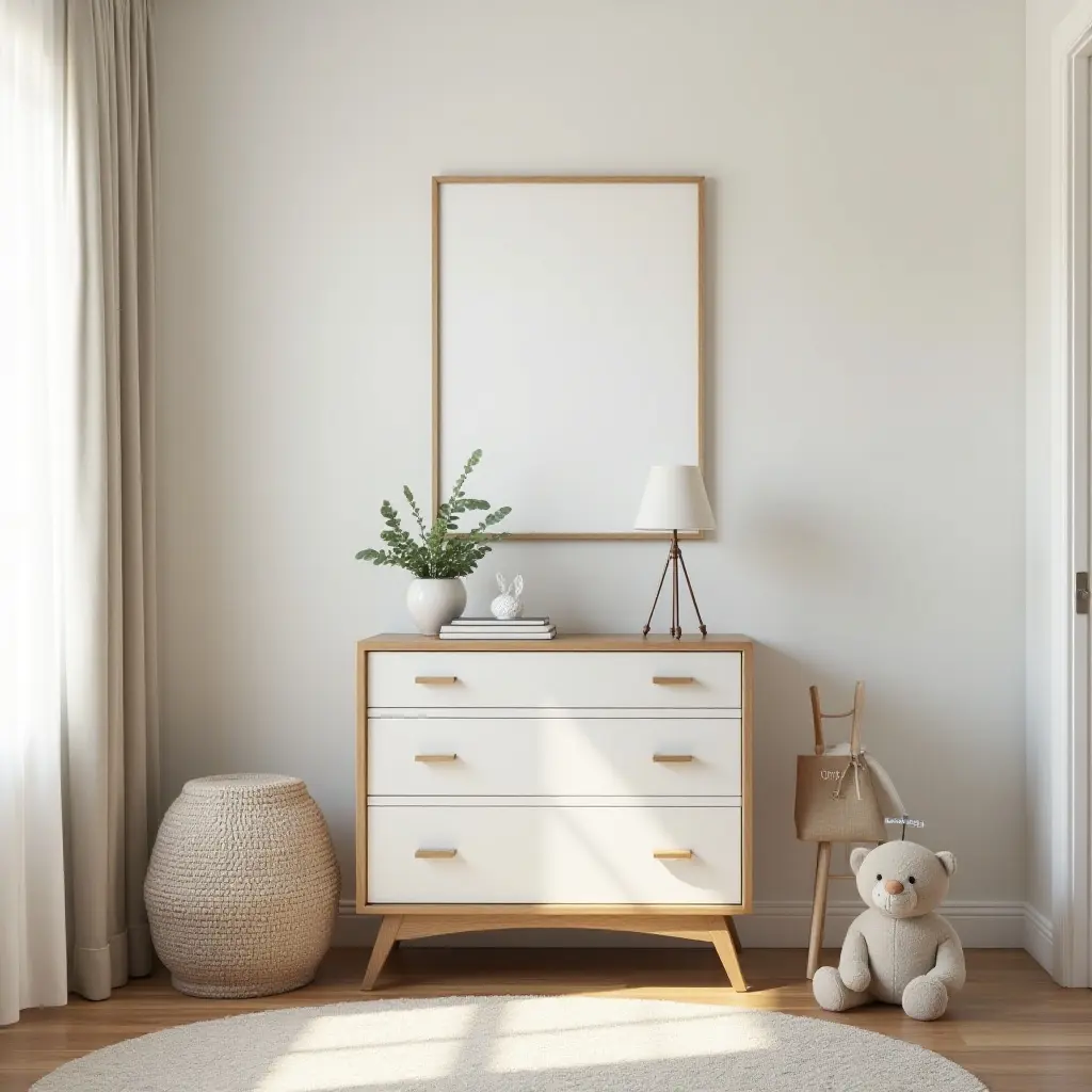 a photo of a stylish kids' room featuring a vintage dresser and contemporary decor