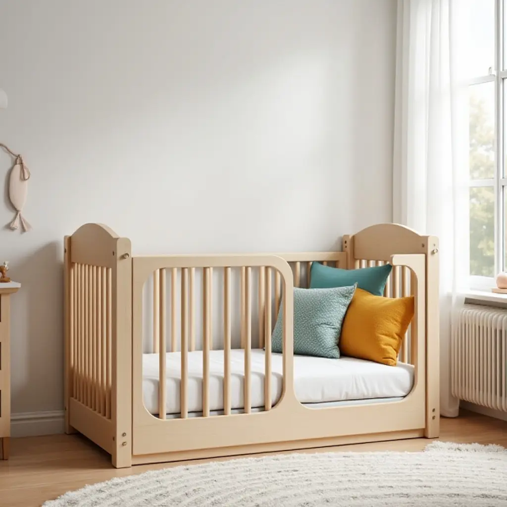a photo of a nursery with a foldable playpen and colorful cushions