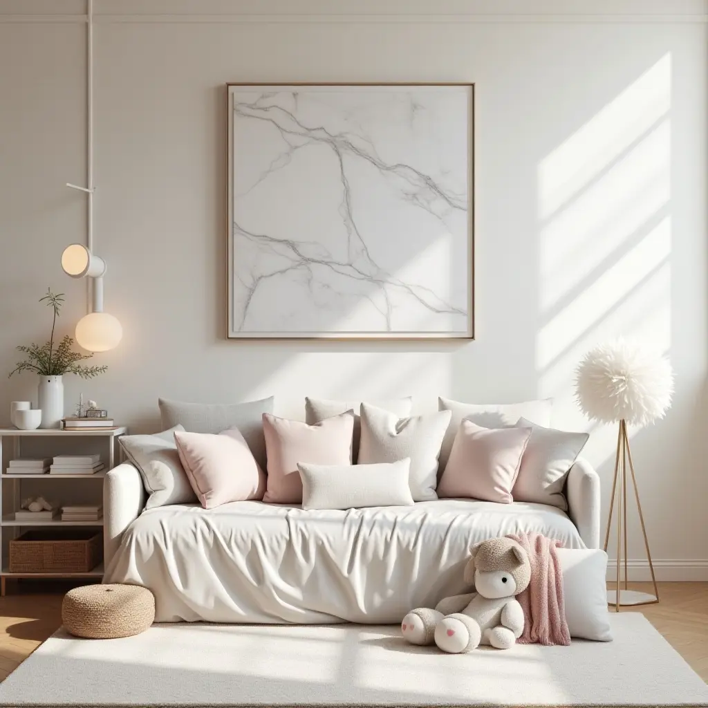 a photo of a whimsical kids' bedroom with marble art and soft textures