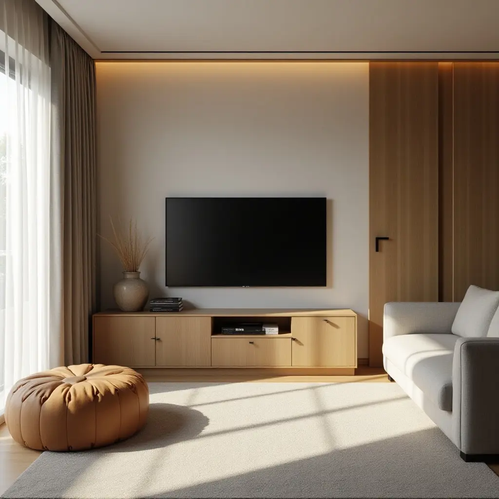 a photo of a small TV room with a sliding door